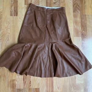 EUC Rebecca Taylor Brown Pencil Skirt Asymmetrical flounce vegan leather sz 0
